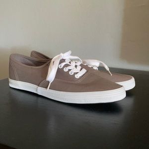 Canvas Sneakers, mushroom gray with white trim, size 8